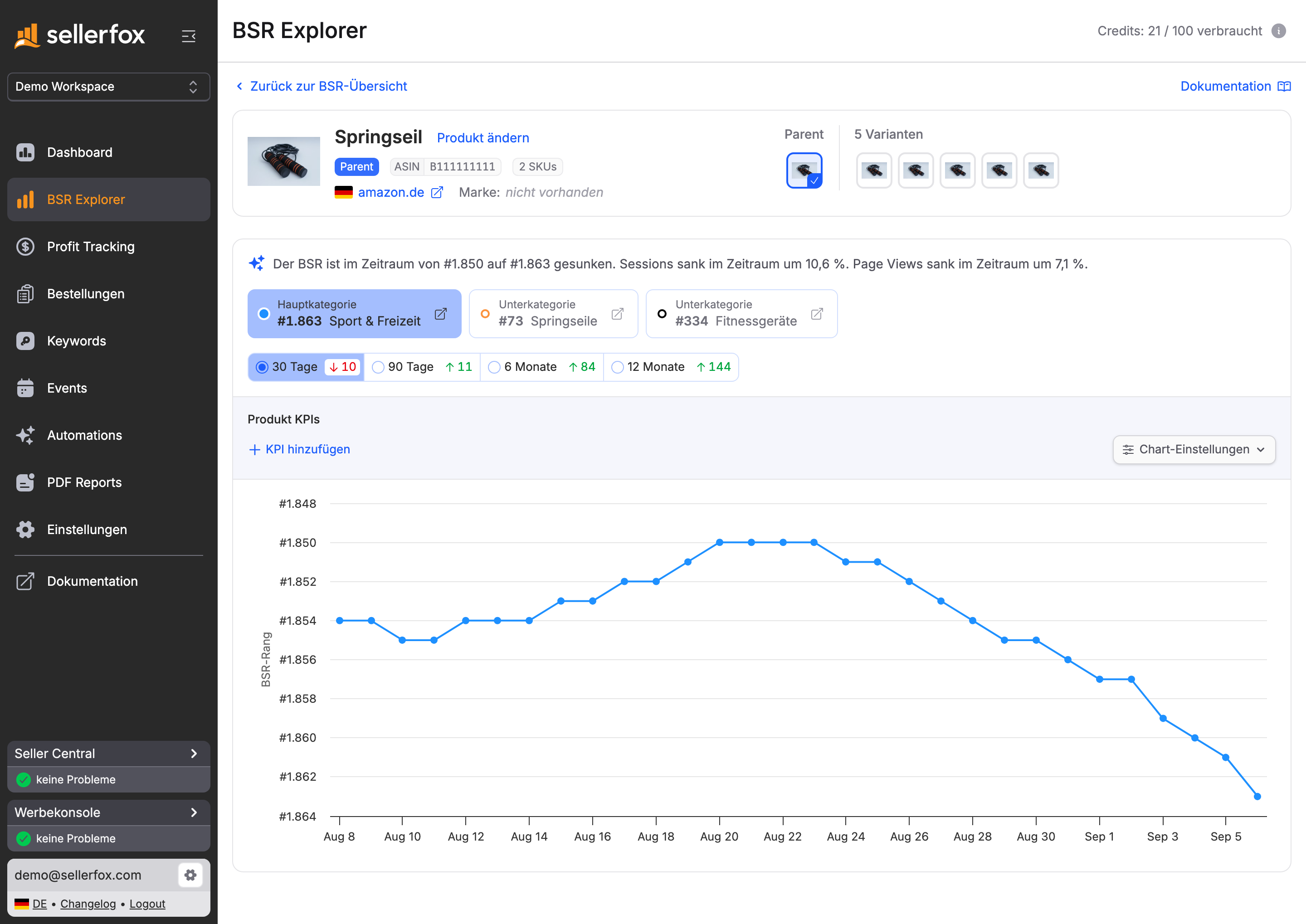 Ausschnitt aus dem BSR Explorer mit Produkt, Kategorie-Rang und Rangverlauf über 30 Tage.